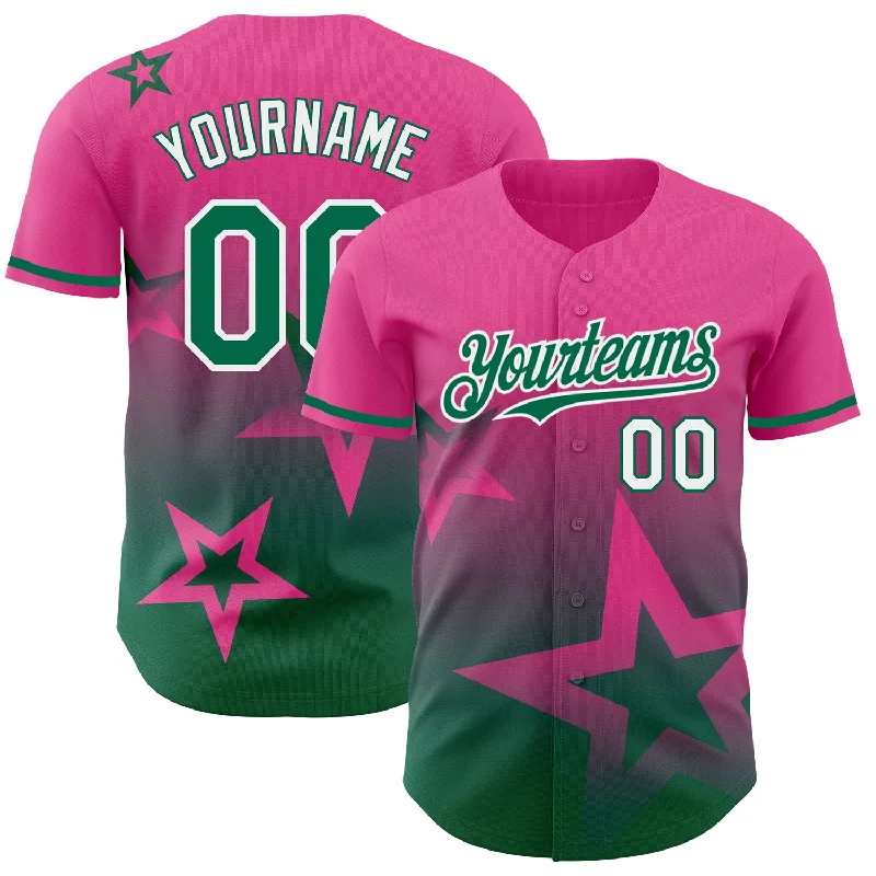 Baseball Jersey With Signature Player Designs-Custom Pink Kelly Green-White 3D Pattern Design Gradient Style Twinkle Star Authentic Baseball Jersey