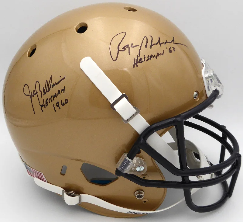 Rugby Helmet For Social Media Promotions-Roger Staubach "Heisman 63" & Joe Bellino "Heisman 1960" Autographed Gold Schutt Full Size Replica Helmet Navy Midshipmen JSA #WP92799