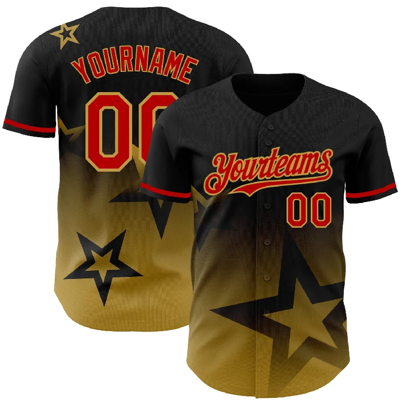 Custom Baseball Jersey For Summer Camps-Custom Black Red Old Gold 3D Pattern Design Gradient Style Twinkle Star Authentic Baseball Jersey