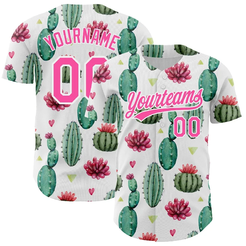 Personalized Baseball Jersey For Team-Custom White Pink 3D Pattern Design Cactus Festival Authentic Baseball Jersey