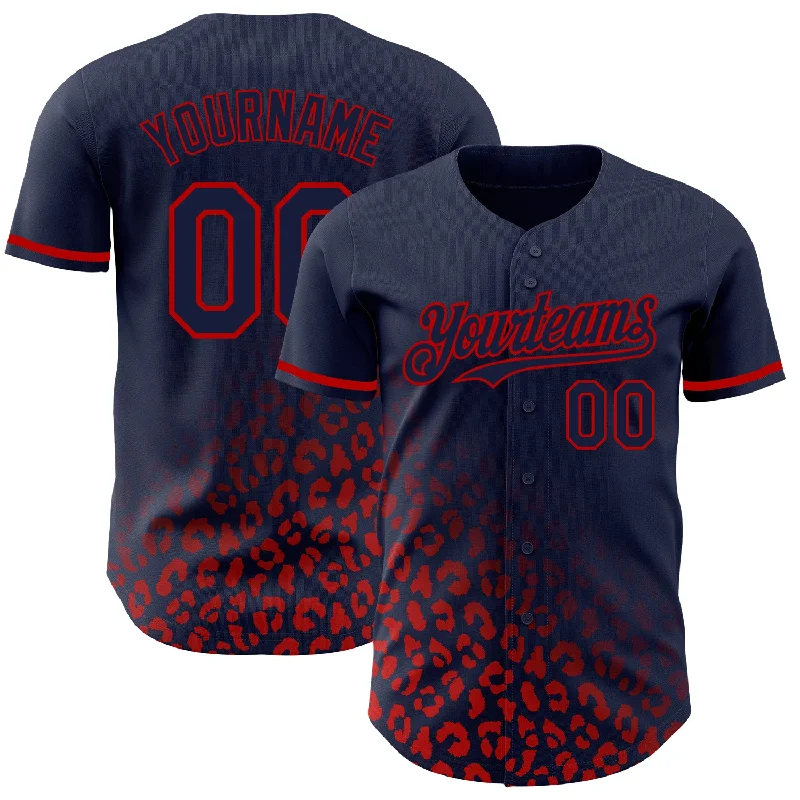 Custom Baseball Jersey For Fan Appreciation Day-Custom Navy Red 3D Pattern Design Leopard Print Fade Fashion Authentic Baseball Jersey