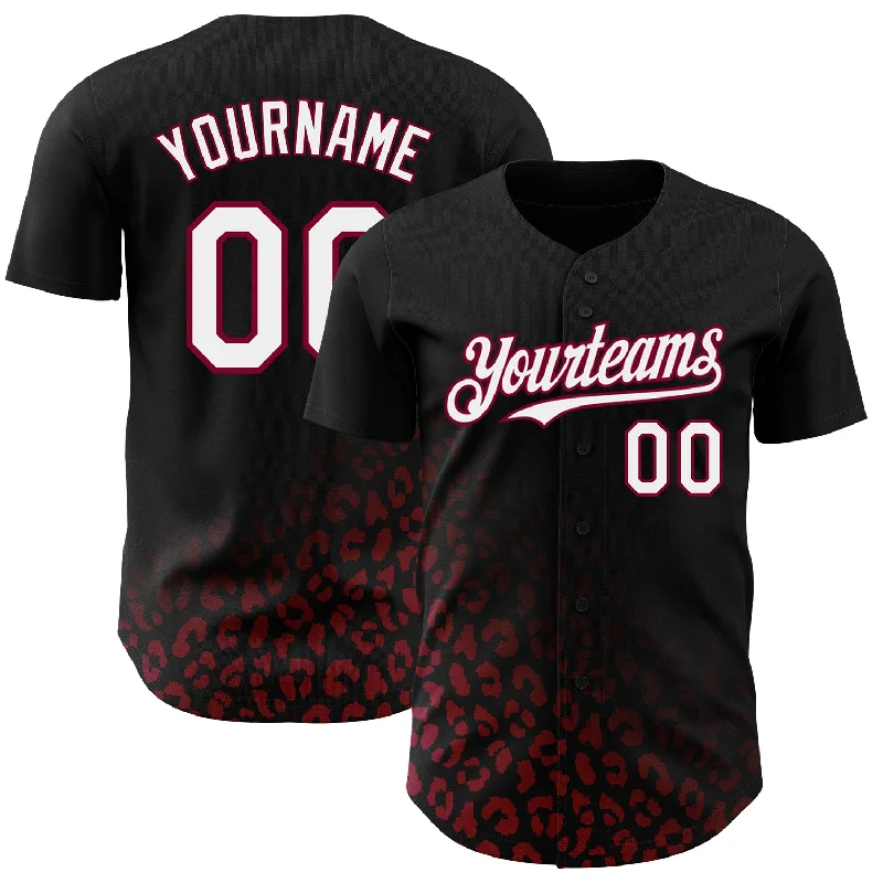 Baseball Jersey For School Sports Events-Custom Black White-Maroon 3D Pattern Design Leopard Print Fade Fashion Authentic Baseball Jersey