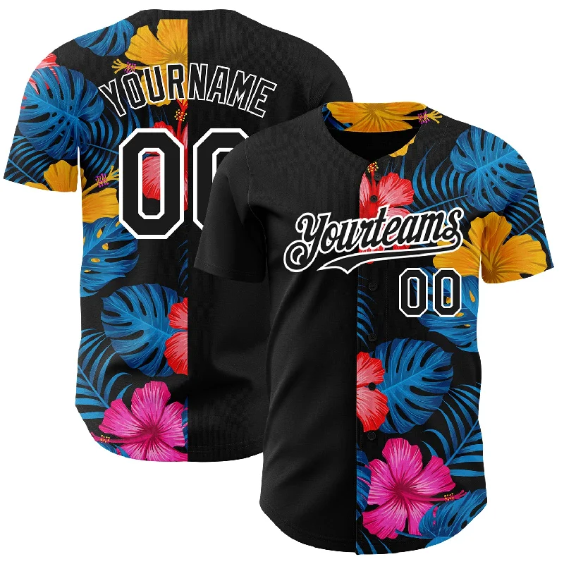 Baseball Jersey With Player Details & Numbers-Custom Black White 3D Pattern Design Tropical Flower And Hawaii Palm Leaves Authentic Baseball Jersey