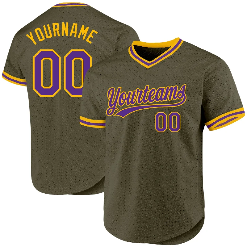 Baseball Jersey For Player Milestones-Custom Olive Purple-Gold Authentic Throwback Salute To Service Baseball Jersey