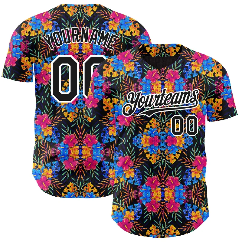 Custom Baseball Jersey For Special Edition-Custom Black White 3D Pattern Design Tropical Flower And Hawaii Palm Leaves Authentic Baseball Jersey