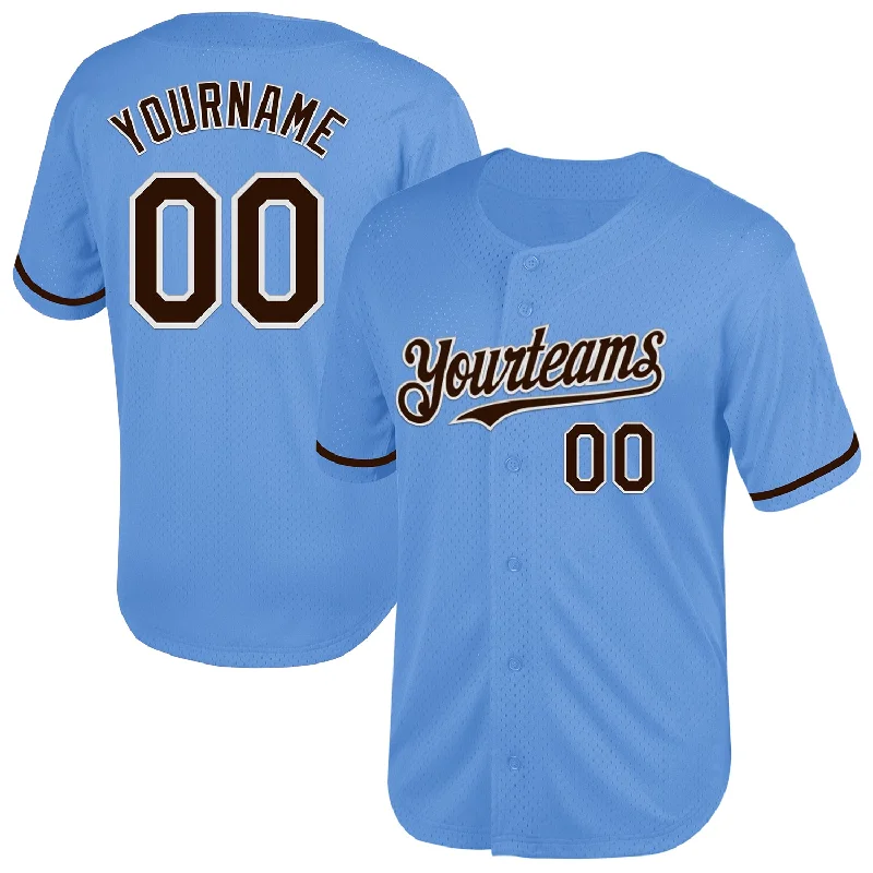 Personalized Baseball Jersey For Sporting Goods-Custom Light Blue Brown-White Mesh Authentic Throwback Baseball Jersey