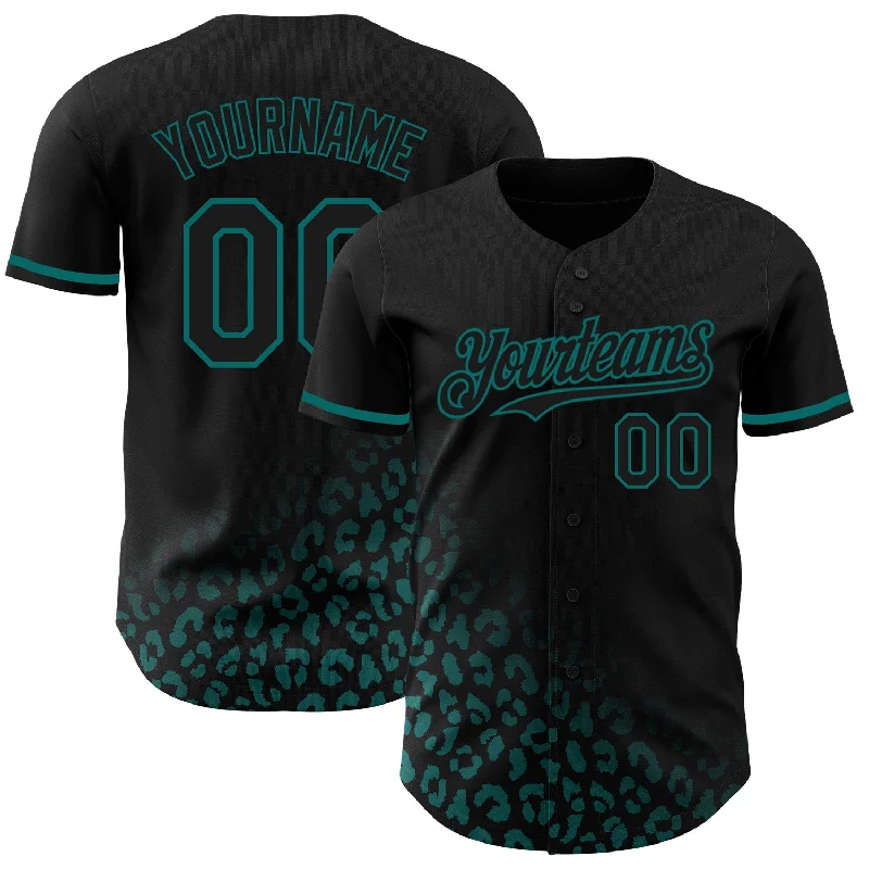 Personalized Baseball Jersey For Charity Auctions-Custom Black Teal 3D Pattern Design Leopard Print Fade Fashion Authentic Baseball Jersey