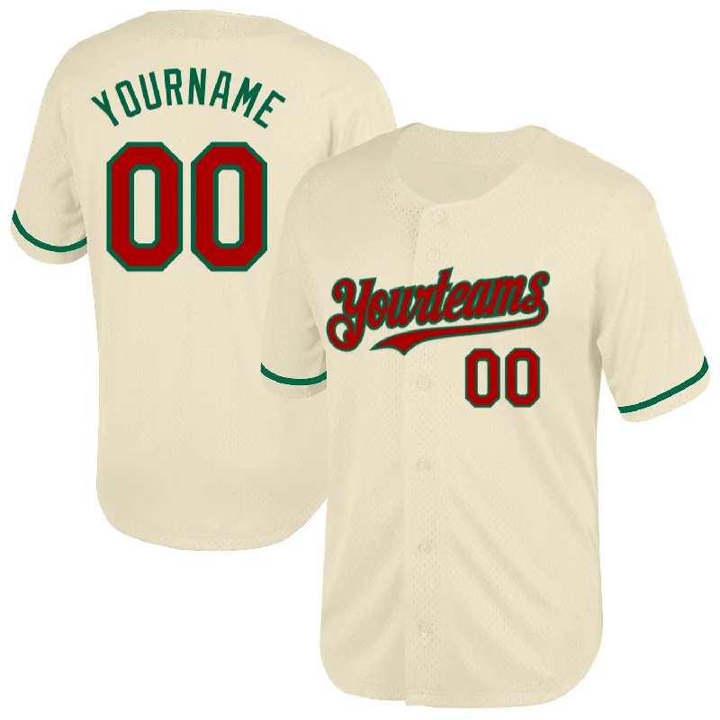 Personalized Baseball Jersey For College Teams-Custom Cream Red-Kelly Green Mesh Authentic Throwback Baseball Jersey