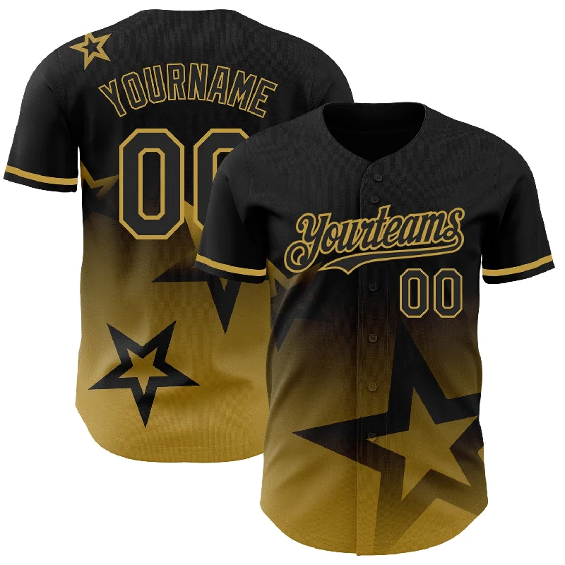 Personalized Baseball Jersey For Official Merchandise-Custom Black Old Gold 3D Pattern Design Gradient Style Twinkle Star Authentic Baseball Jersey