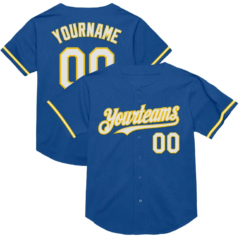 Personalized Baseball Jersey For Player Celebrations-Custom Blue White-Yellow Mesh Authentic Throwback Baseball Jersey