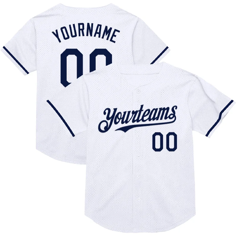 Personalized Baseball Jersey For Graduation Gifts-Custom White Navy Mesh Authentic Throwback Baseball Jersey