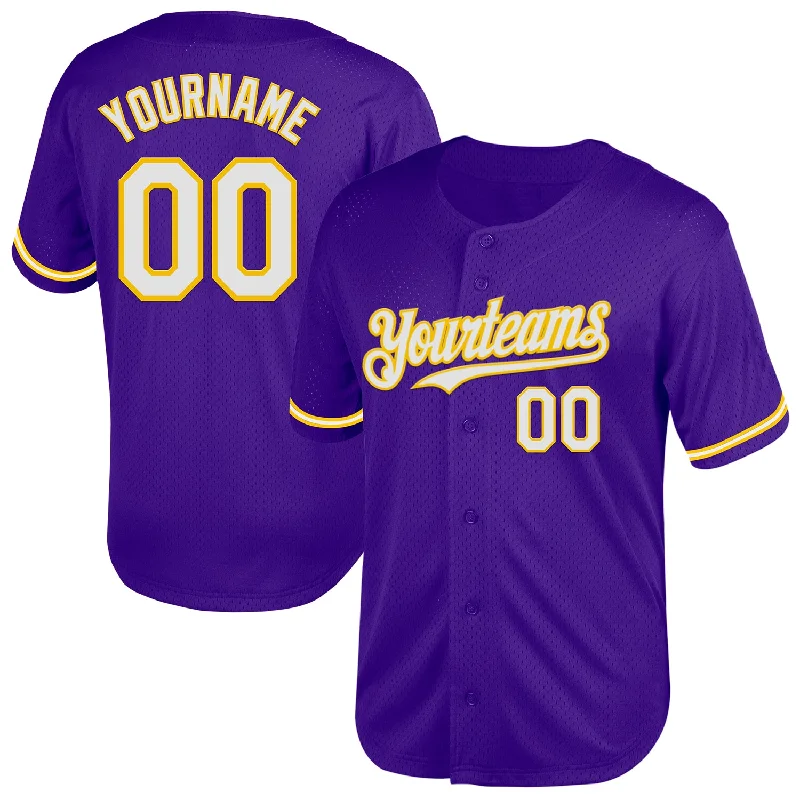 Custom Baseball Jersey For Personalized Customization-Custom Purple White-Yellow Mesh Authentic Throwback Baseball Jersey