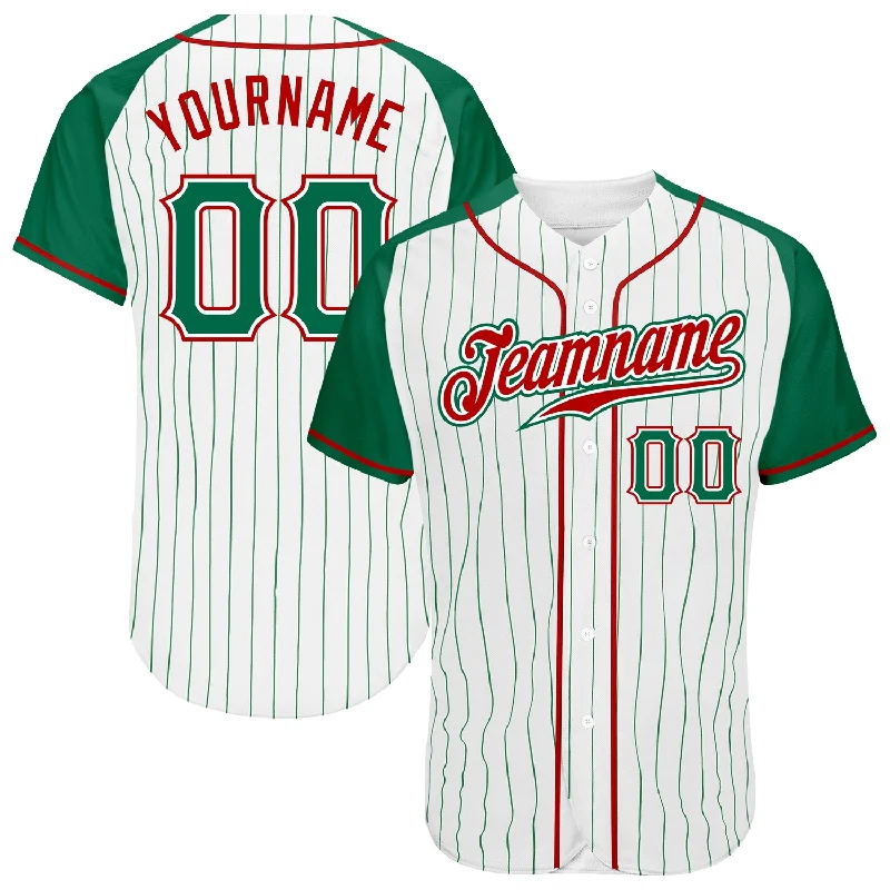 Custom Baseball Jersey For Baseball Fans Clubs-Custom White Kelly Green Pinstripe Kelly Green-Red Authentic Raglan Sleeves Baseball Jersey