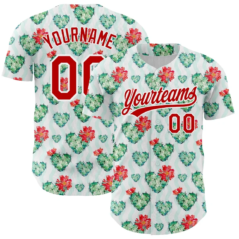 Baseball Jersey For Player Achievement Trophies-Custom White Red 3D Pattern Design Cactus Festival Authentic Baseball Jersey