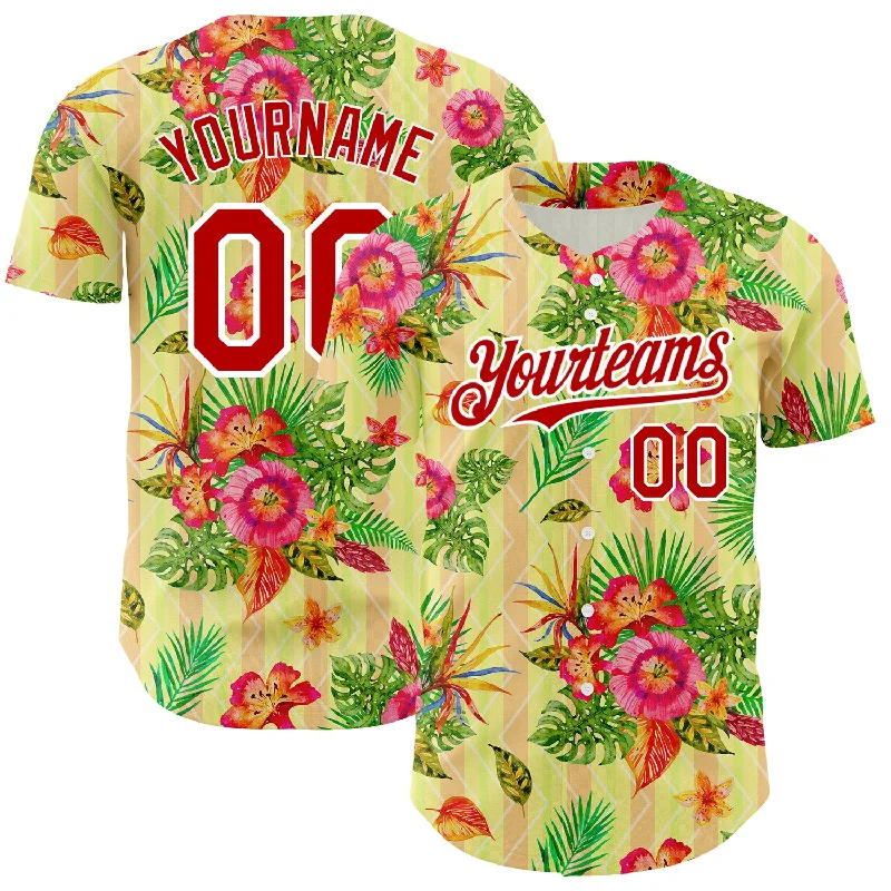 Custom Baseball Jersey For Corporate Events-Custom Neon Yellow Red-White 3D Pattern Design Tropical Flower And Hawaii Palm Leaves Authentic Baseball Jersey