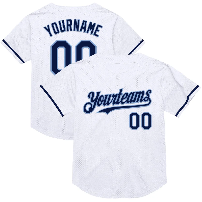 Baseball Jersey With Your Own Design-Custom White Navy-Light Blue Mesh Authentic Throwback Baseball Jersey