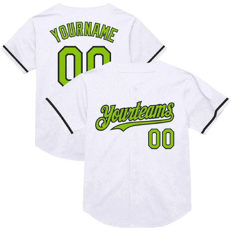 Baseball Jersey With Custom Sizing Options-Custom White Neon Green-Black Mesh Authentic Throwback Baseball Jersey