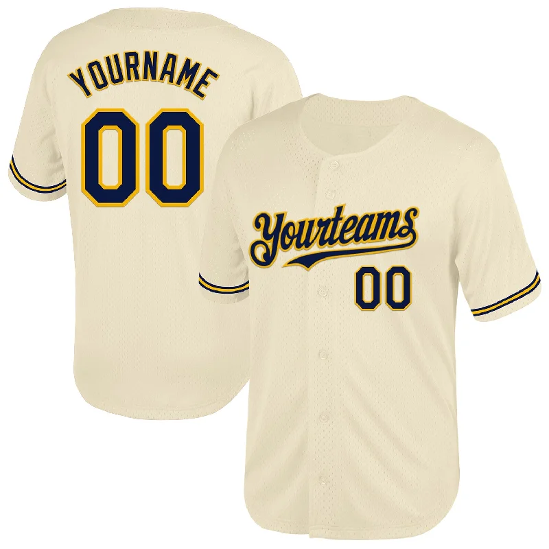 Custom Baseball Jersey For Group Fundraising Orders-Custom Cream Navy-Gold Mesh Authentic Throwback Baseball Jersey