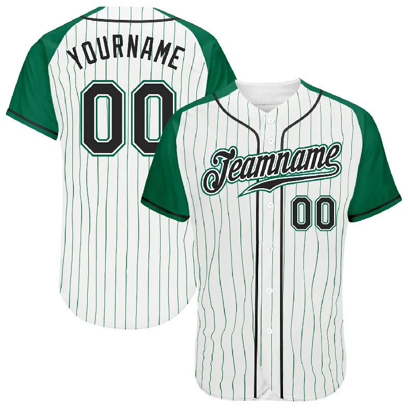 Custom Baseball Jersey For Player Representation-Custom White Kelly Green Pinstripe Black-Kelly Green Authentic Raglan Sleeves Baseball Jersey