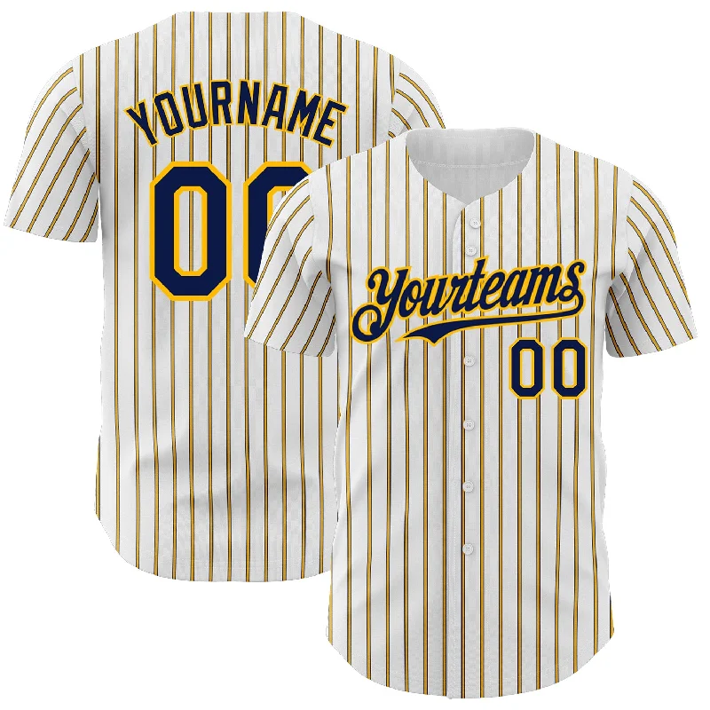 Personalized Baseball Jersey For Tournament Support-Custom White (Navy Gold Pinstripe) Navy-Gold Authentic Baseball Jersey