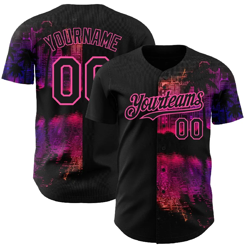 Baseball Jersey With Team Name & Slogan-Custom Black Pink 3D Pattern Design Hawaii Palm Trees Authentic Baseball Jersey