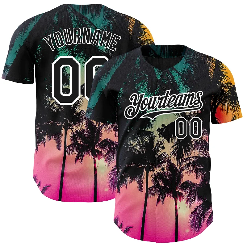 Baseball Jersey With Unique Fan Designs-Custom Pink Black-White 3D Pattern Design Hawaii Palm Trees Authentic Baseball Jersey