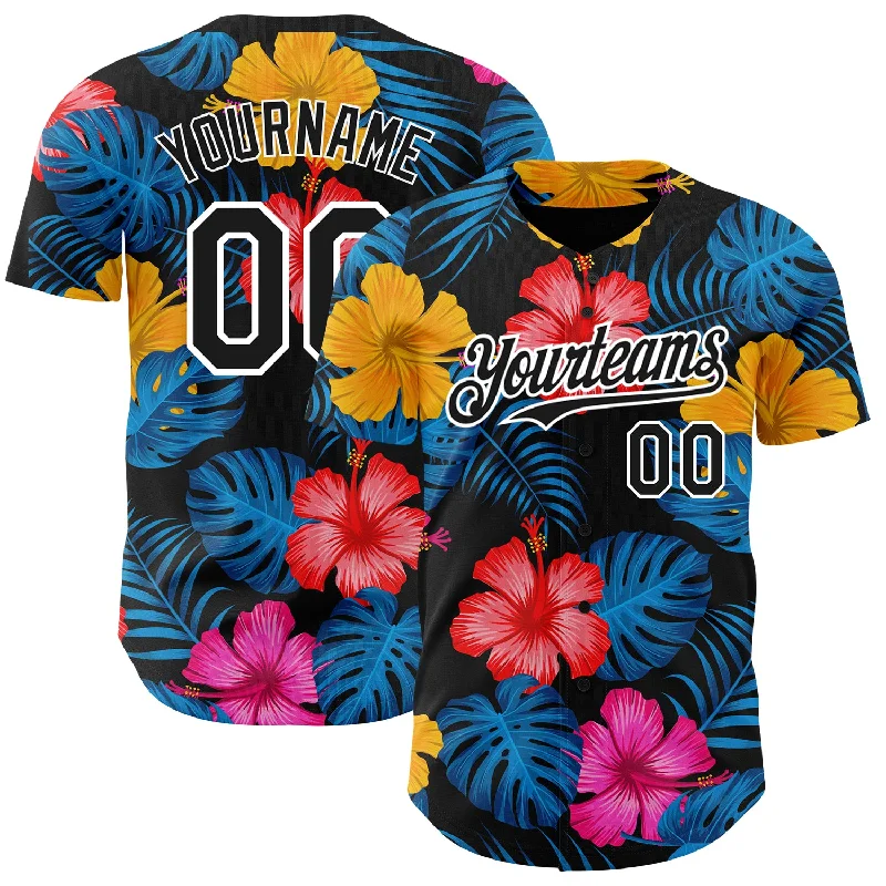 Baseball Jersey For School Fundraising Events-Custom Black White 3D Pattern Design Tropical Flower And Hawaii Palm Leaves Authentic Baseball Jersey