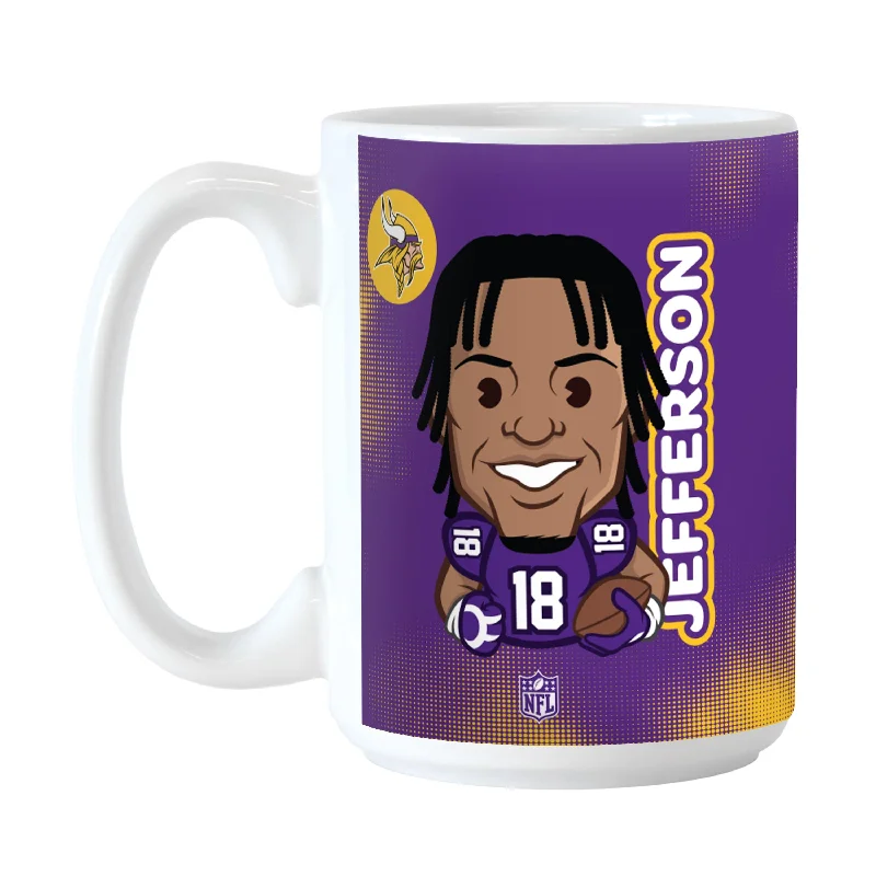 Custom Team Mug For Special Team Gifts-Minnesota Vikings Justin Jefferson Caricature 15oz Sublimated Mug