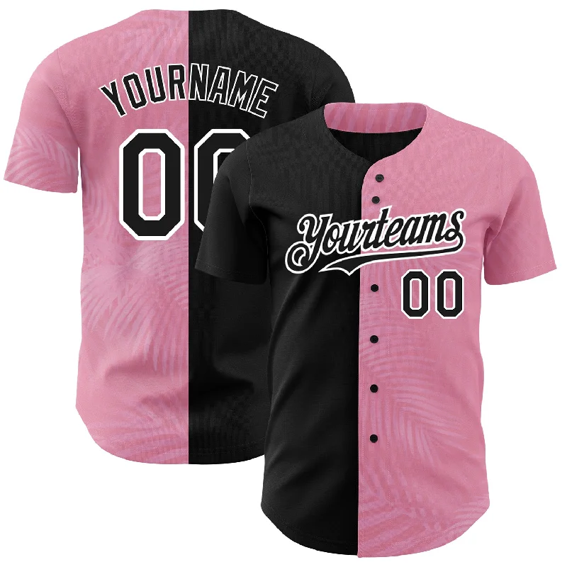 Personalized Baseball Jersey For Graduation Gifts-Custom Medium Pink Black-White 3D Pattern Design Tropical Hawaii Palm Leaves Authentic Baseball Jersey