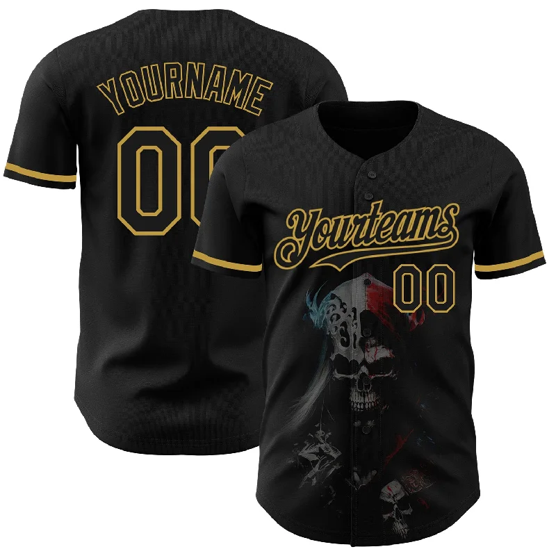 Personalized Baseball Jersey For Exclusive Team Merchandise-Custom Black Old Gold 3D Skull Fashion Authentic Baseball Jersey