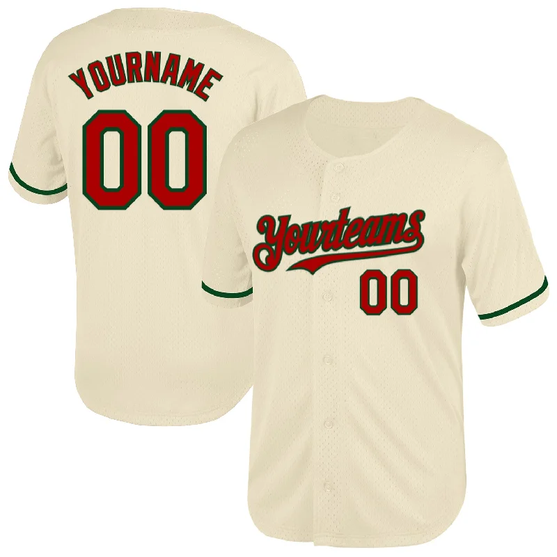 Personalized Baseball Jersey For Coaches-Custom Cream Red-Green Mesh Authentic Throwback Baseball Jersey