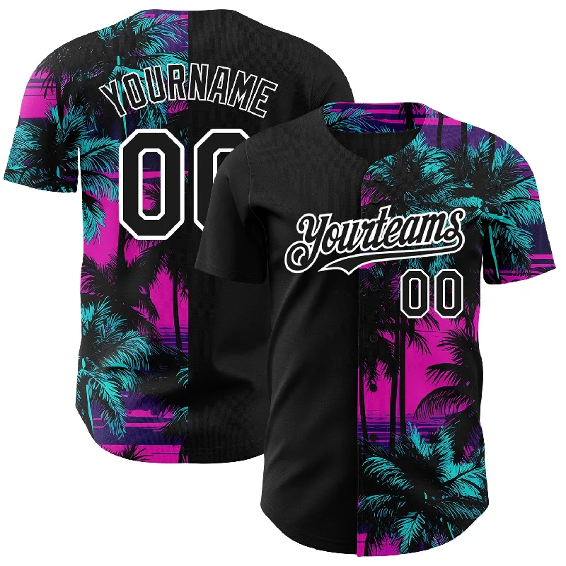 Custom Baseball Jersey For Player Sponsorships-Custom Pink Black-White 3D Pattern Design Beach Hawaii Palm Trees Authentic Baseball Jersey