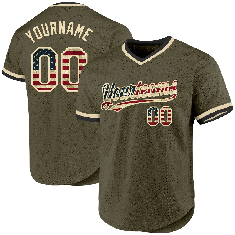 Custom Baseball Jersey For Group Orders-Custom Olive Vintage USA Flag Cream-Black Authentic Throwback Salute To Service Baseball Jersey