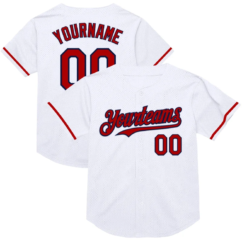 Personalized Baseball Jersey For Limited Edition Fans-Custom White Red-Navy Mesh Authentic Throwback Baseball Jersey