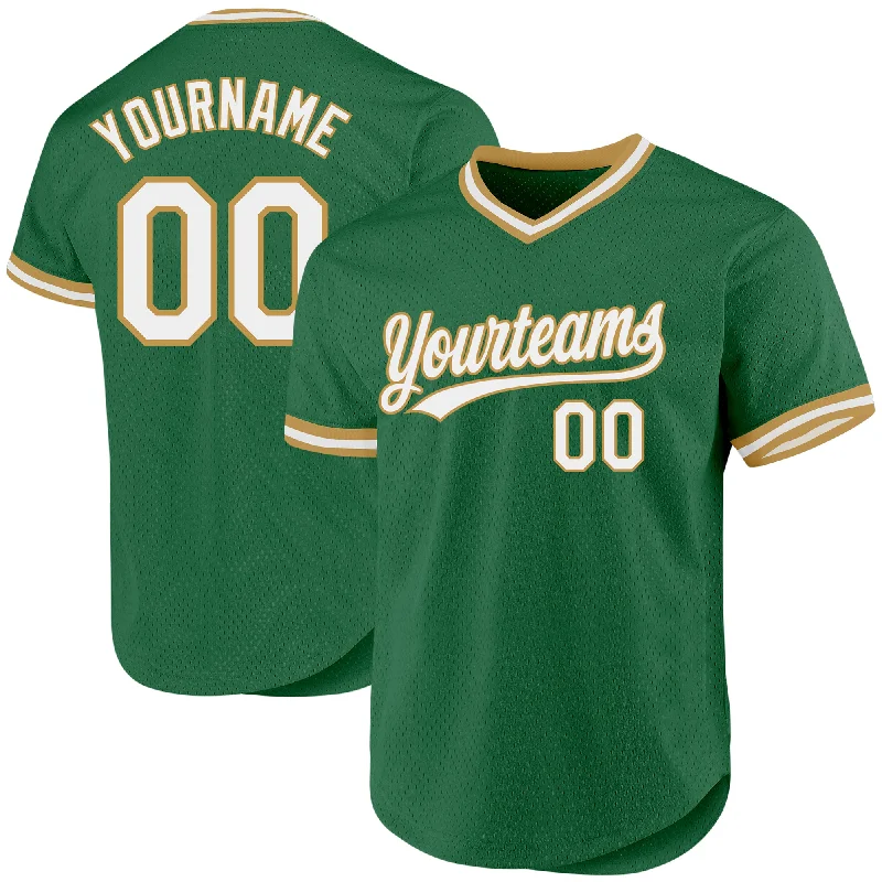 Custom Baseball Jersey For Player Family Support-Custom Kelly Green White-Old Gold Authentic Throwback Baseball Jersey