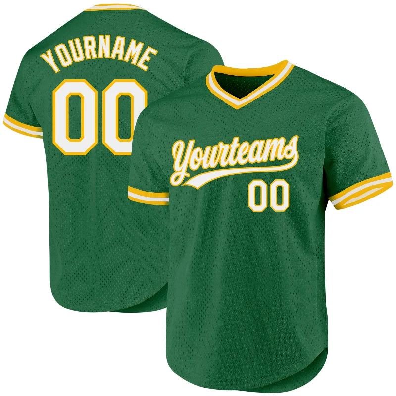 Baseball Jersey With Custom Graphics-Custom Kelly Green White-Gold Authentic Throwback Baseball Jersey