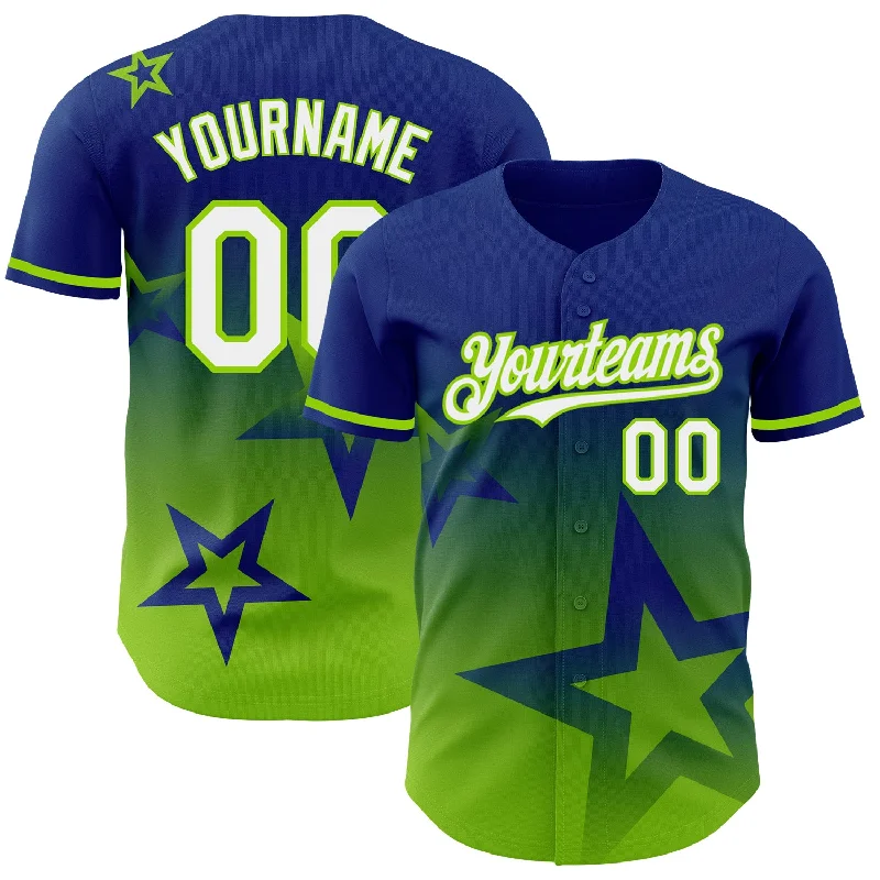 Baseball Jersey For Event-Based Customization-Custom Royal White-Neon Green 3D Pattern Design Gradient Style Twinkle Star Authentic Baseball Jersey