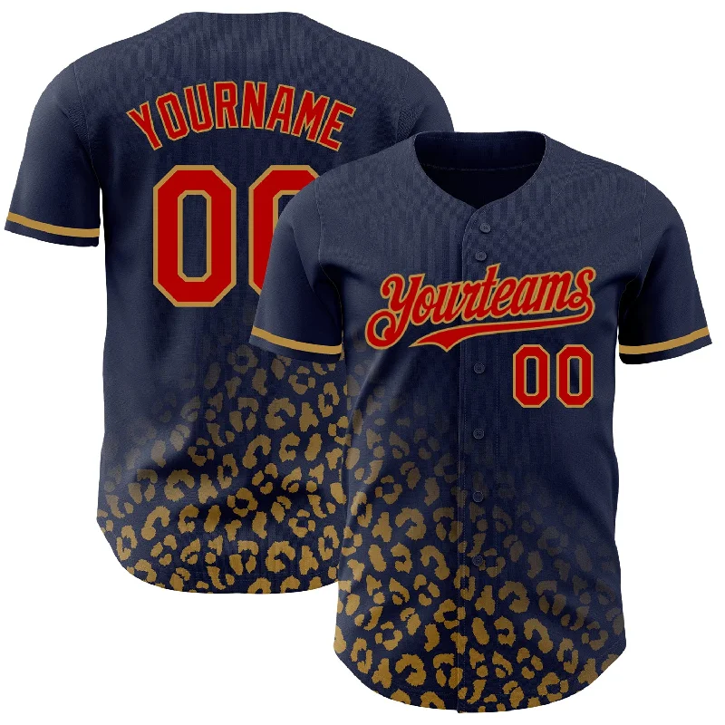 Custom Baseball Jersey For Tournament Prizes-Custom Navy Red-Old Gold 3D Pattern Design Leopard Print Fade Fashion Authentic Baseball Jersey