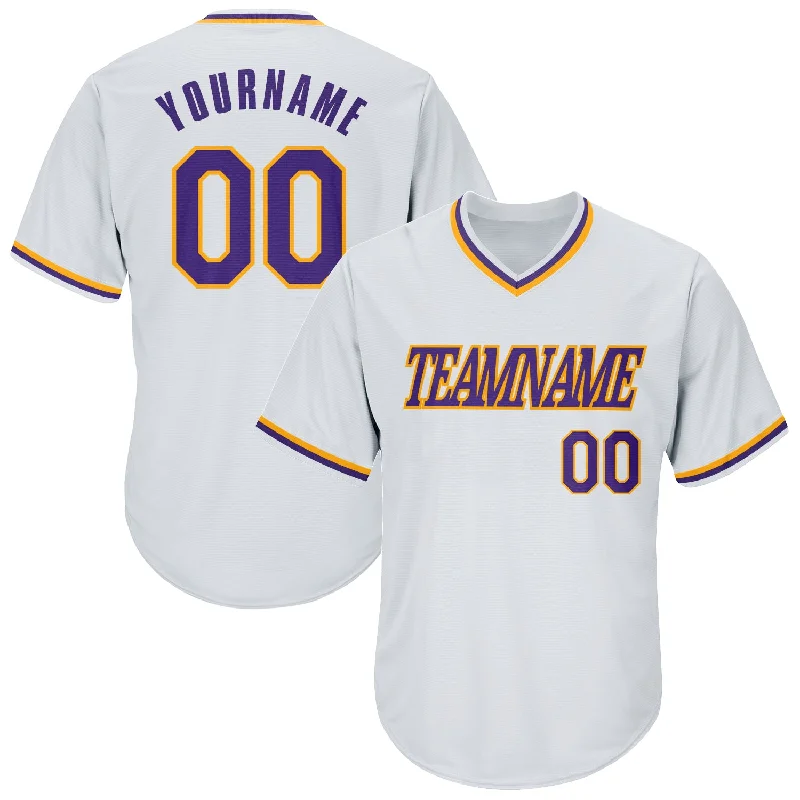 Custom Baseball Jersey For Seasonal Sales-Custom White Purple-Gold Authentic Throwback Rib-Knit Baseball Jersey Shirt