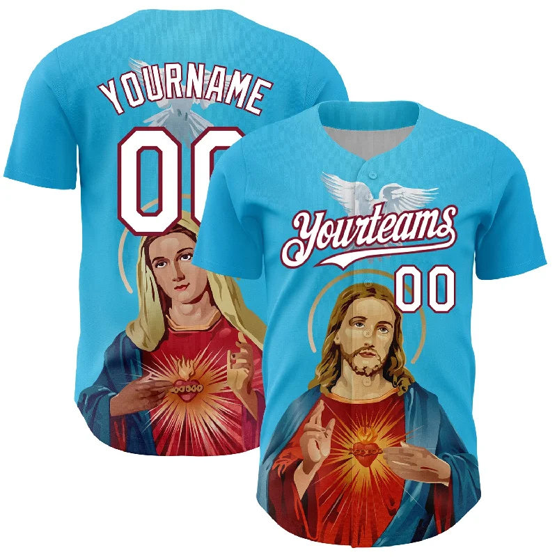 Baseball Jersey For Local Player Support-Custom Sky Blue White-Maroon 3D Pattern Design Religion Jesus Christ And Virgin Mary Authentic Baseball Jersey