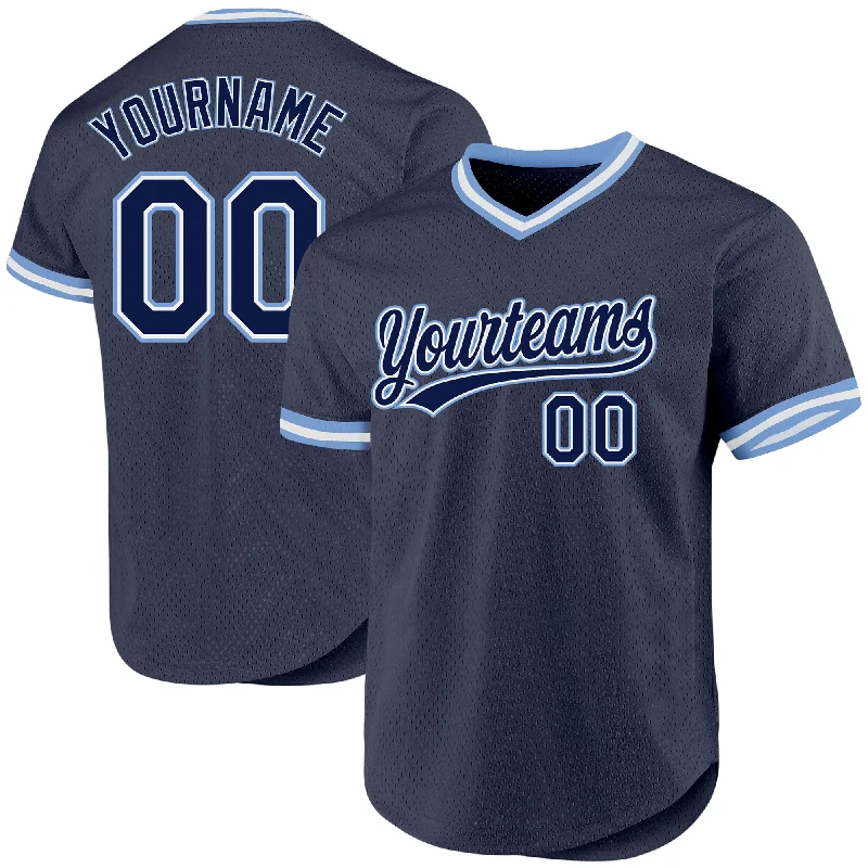 Custom Baseball Jersey For Summer Camps-Custom Navy Light Blue-White Authentic Throwback Baseball Jersey