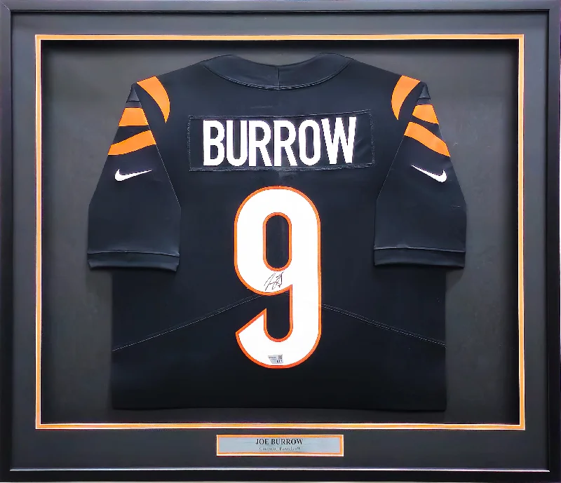 Custom Rugby Helmet For Event Commemorations-Cincinnati Bengals Joe Burrow Autographed Framed Black Nike Jersey Fanatics Holo #LG20406835