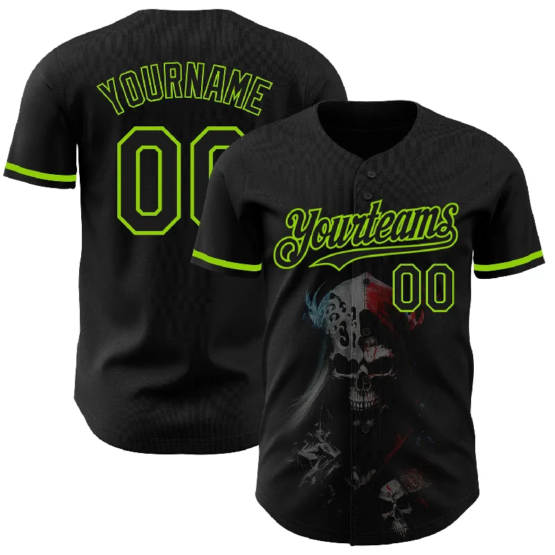 Baseball Jersey For School Sports Events-Custom Black Neon Green 3D Skull Fashion Authentic Baseball Jersey