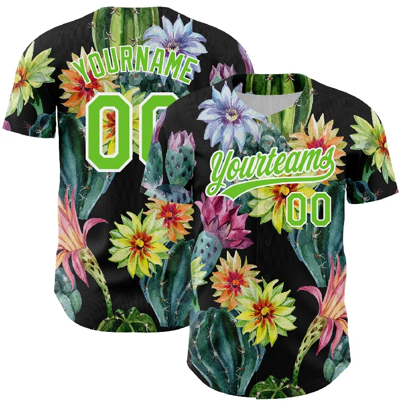 Personalized Baseball Jersey For Adults-Custom Black Aurora Green-White 3D Pattern Design Cactus Festival Authentic Baseball Jersey