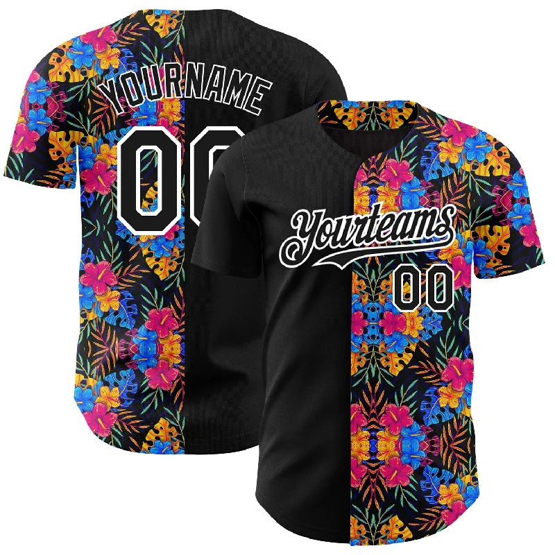 Custom Baseball Jersey For Championship Teams-Custom Black White 3D Pattern Design Tropical Flower And Hawaii Palm Leaves Authentic Baseball Jersey