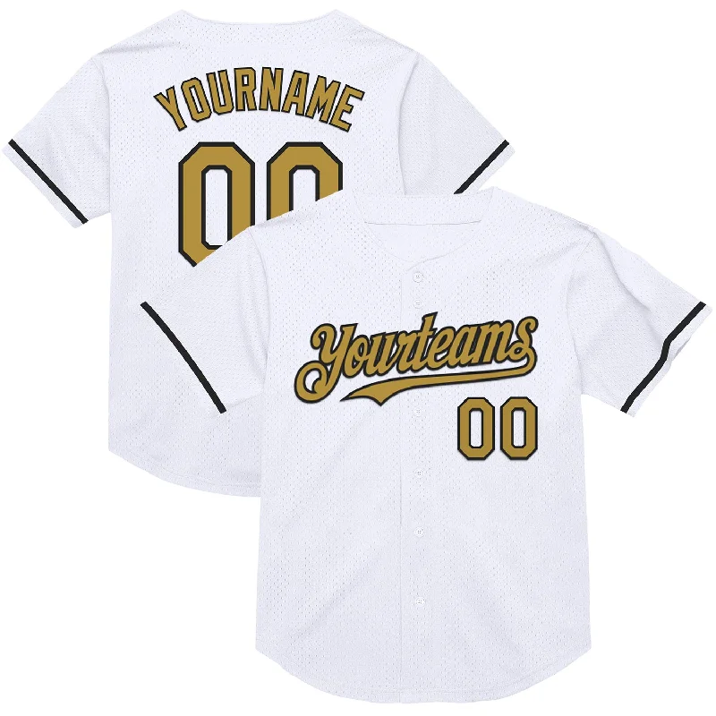 Personalized Baseball Jersey For Competitive Teams-Custom White Old Gold-Black Mesh Authentic Throwback Baseball Jersey