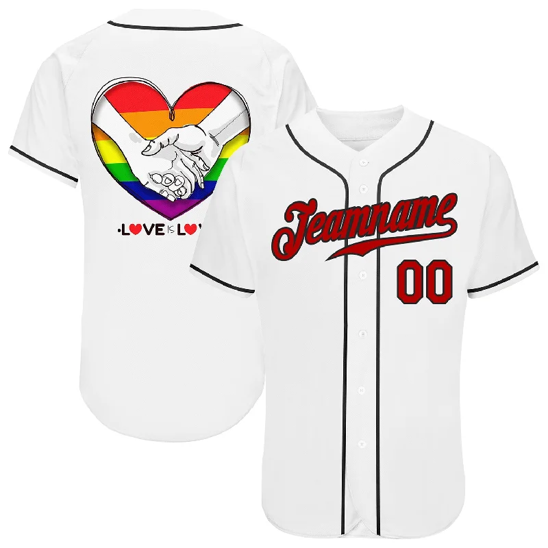 Baseball Jersey For Player Milestones-Custom White Red-Black Rainbow Colored Heart For Pride Month Love Is Love LGBT Authentic Baseball Jersey