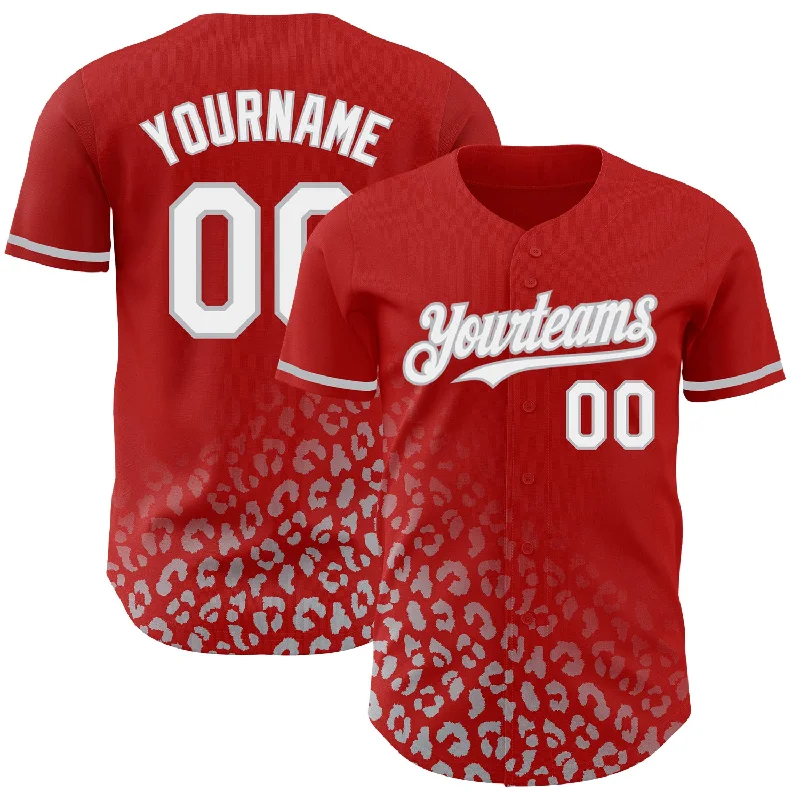 Personalized Baseball Jersey For Youth Sports-Custom Red White-Gray 3D Pattern Design Leopard Print Fade Fashion Authentic Baseball Jersey