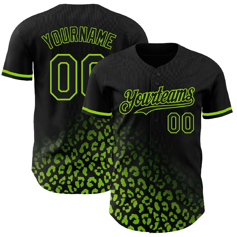 Personalized Baseball Jersey For Youth Sports-Custom Black Neon Green 3D Pattern Design Leopard Print Fade Fashion Authentic Baseball Jersey