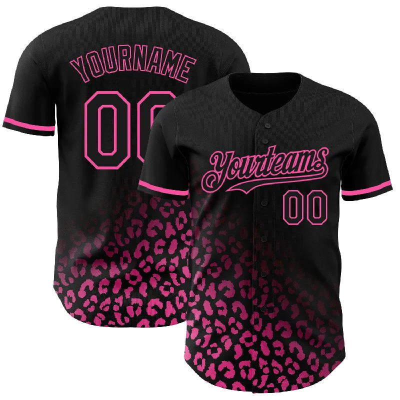 Baseball Jersey For Team Participation-Custom Black Pink 3D Pattern Design Leopard Print Fade Fashion Authentic Baseball Jersey